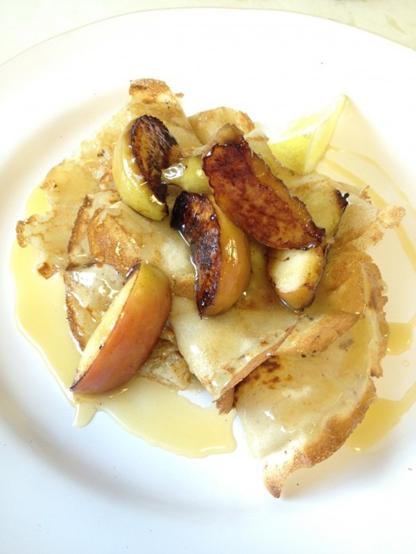 Buckwheat pancakes with caramelised apples and salted honey butter