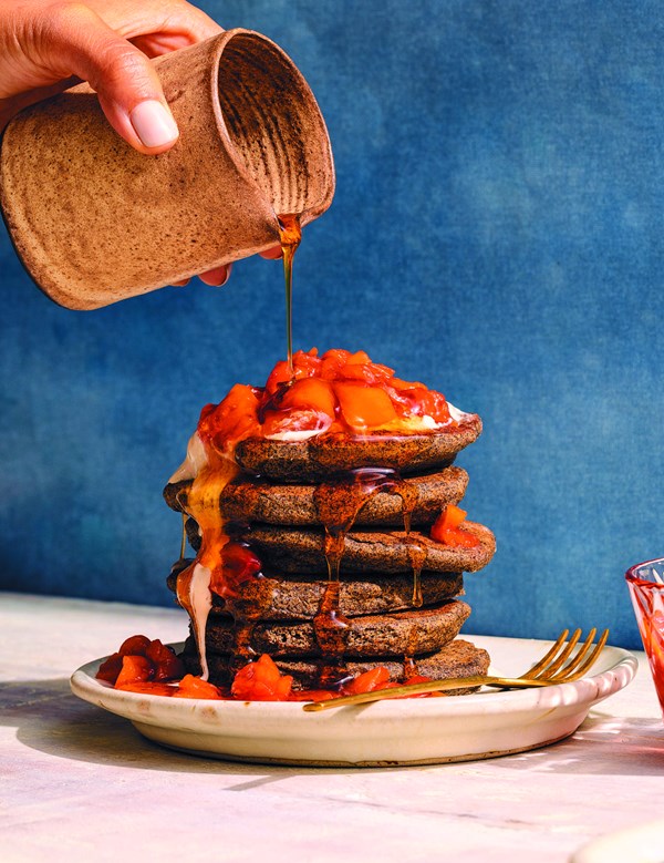 Buckwheat pancakes with compote and sweet cream