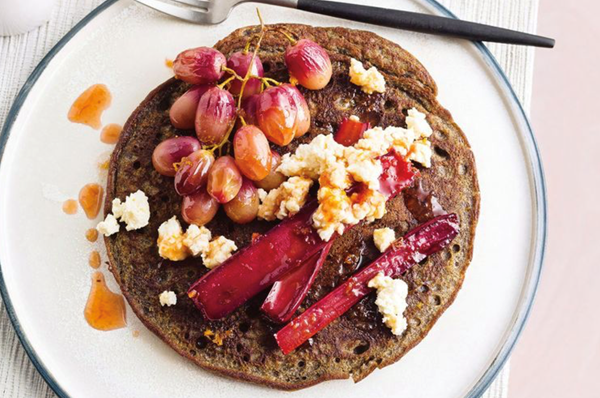 Buckwheat pancakes with roasted rhubarb and grapes