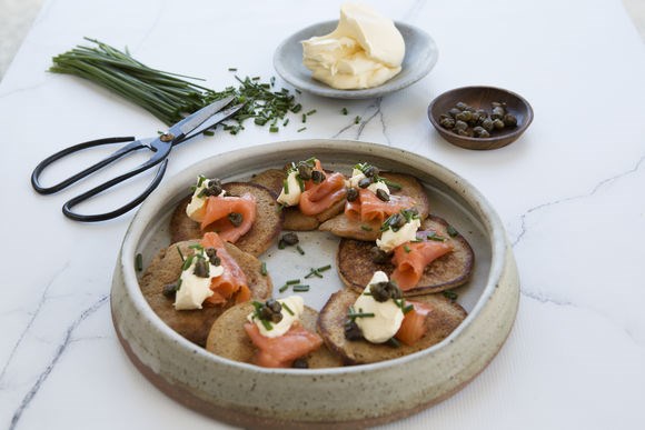 Buckwheat pancakes with smoked salmon and capers