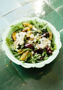 Buckwheat salad w/ plums, cauliflower, mustard dressing + arugula