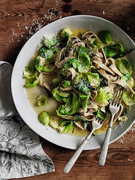 Buckwheat tagliatelle, crisp herbs, Brussels sprouts and burnt butter