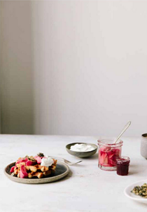 Buckwheat waffles with rhubarb, sheep's labneh and pumpkin seed brittle