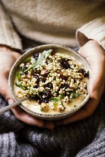 Buckwheat w/dried cherries + hazelnuts over warm parsnip purée