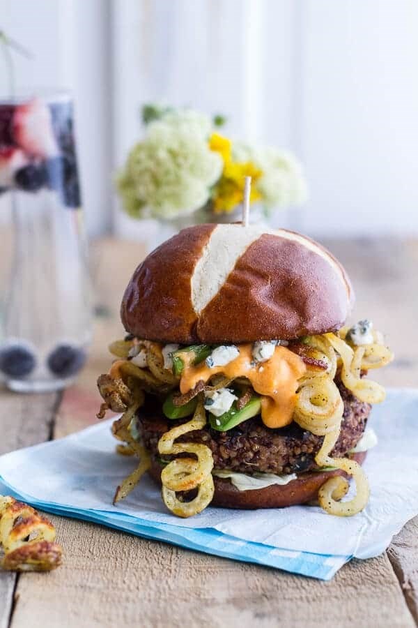 Buffalo-blue curly cheese fry and crispy black bean burgers