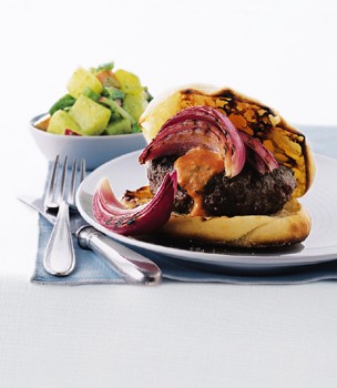 Buffalo burgers with pickled onions and smoky red pepper sauce