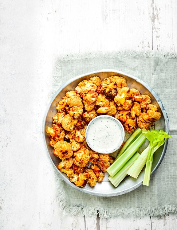 Buffalo cauli wings with blue cheese dip
