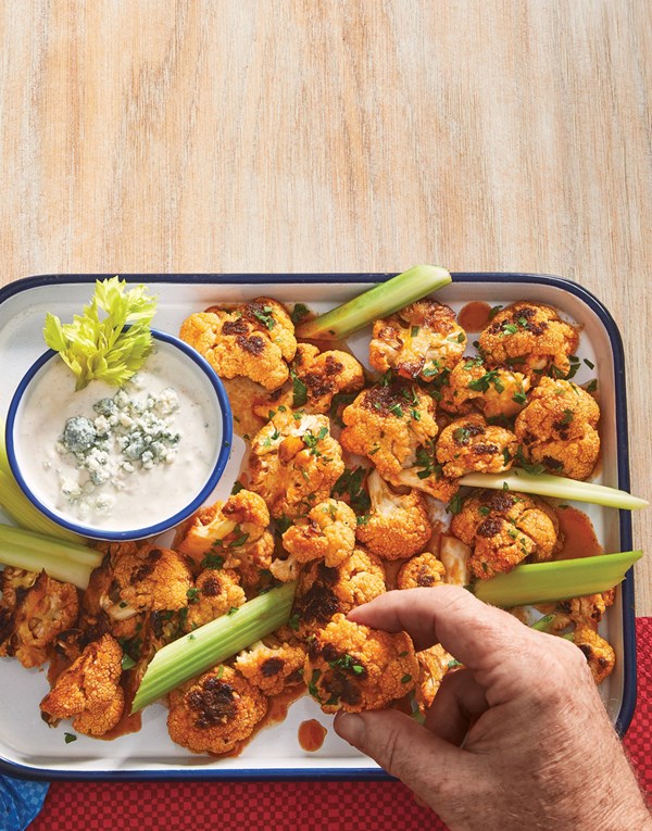 Buffalo cauliflower with yogurt-blue cheese dip 