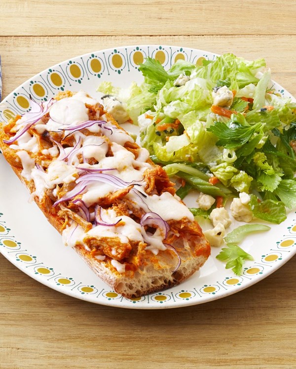 Buffalo chicken French bread pizzas