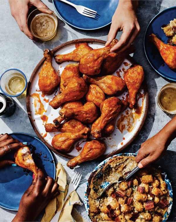 Buffalo chicken legs and blue cheese Tater Tot casserole