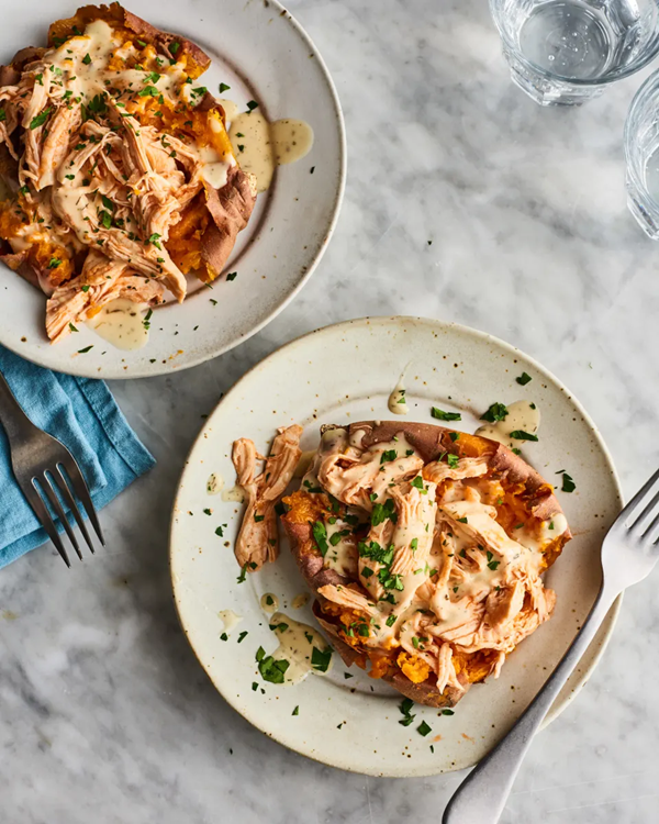 Buffalo chicken stuffed sweet potatoes