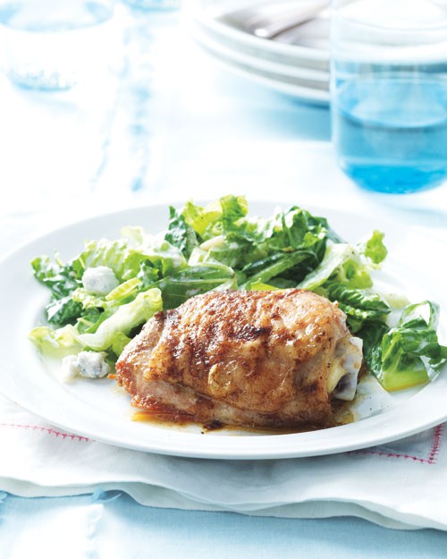 Buffalo chicken thighs with celery and blue cheese salad
