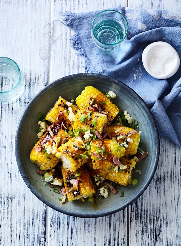 Buffalo corn with bacon, blue cheese and spring onions
