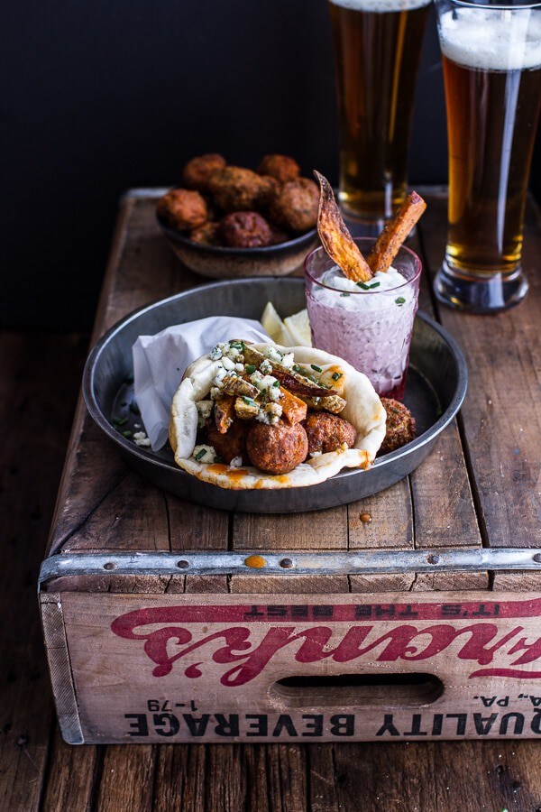 Buffalo falafel and garlic blue cheese fry pita’s w/ranch style tzatziki