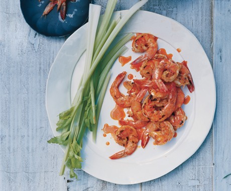 Buffalo grilled shrimp with blue cheese dip and celery