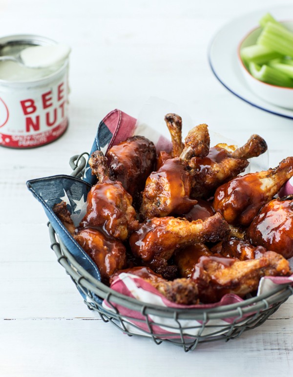 Buffalo-inspired wings with blue-cheese mayo