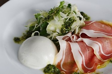 Buffalo mozzarella with prosciutto, shaved fennel and salsa verde
