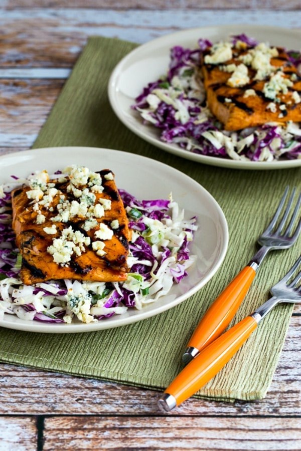 Buffalo salmon with blue cheese slaw