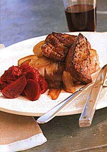 Buffalo steak and onion confit on garlic toasts