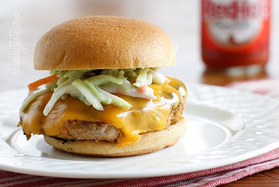Buffalo turkey burgers with blue cheese broccoli slaw