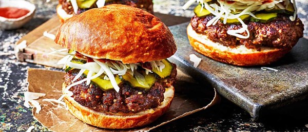 Bulgogi burgers with quick-pickled cucumbers