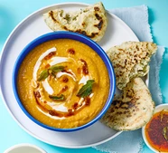 Bulgur & veg soup with sizzled mint oil & potato flatbreads