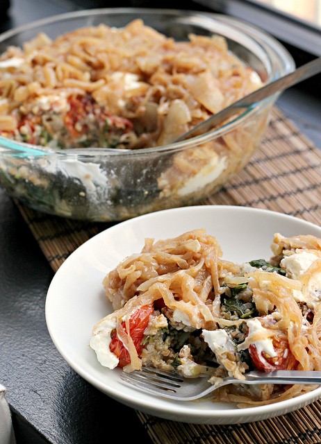 Bulgur and spinach pilaf with labneh and chili roasted tomatoes