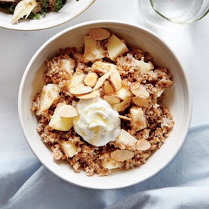 Bulgur bowl with apples, almond butter, and goat cheese
