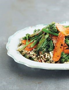 Bulgur, grilled carrots and broccoli, capers, pecans and lemon