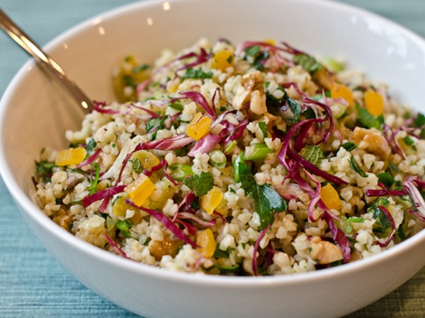 Bulgur salad with apricots, radicchio, herbs and walnuts