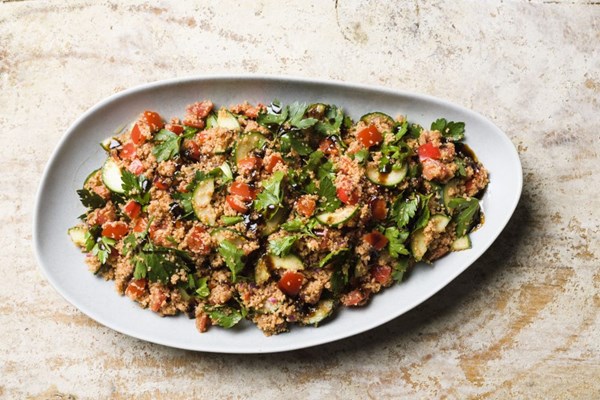 Bulgur salad with summer vegetables and pomegranate molasses