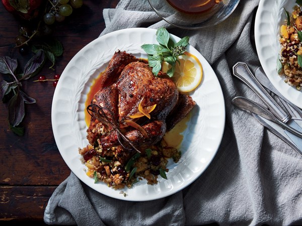 Bulgur-stuffed poussin with preserved lemon-honey glaze