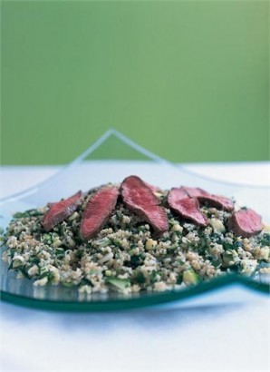 Bulgur wheat salad with pink-seared lamb