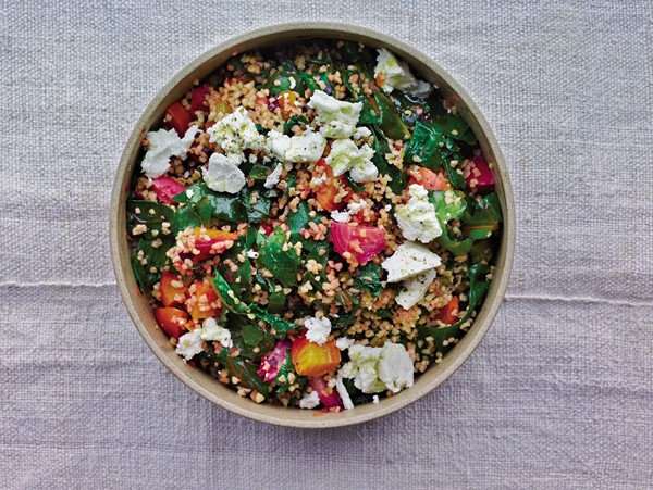 Bulgur wheat with roasted baby beets and their tops