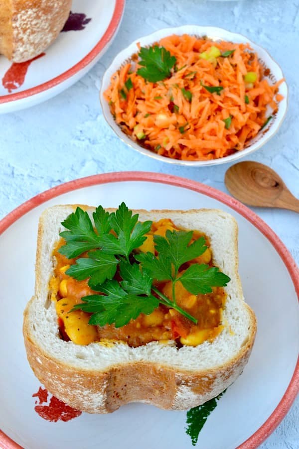 Bunny chow – bean curry in a bread bowl