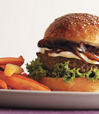Burgers with balsamic shallots and vegetable fries