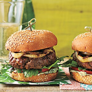Burgers with blue cheese mayo and sherry Vidalia onions