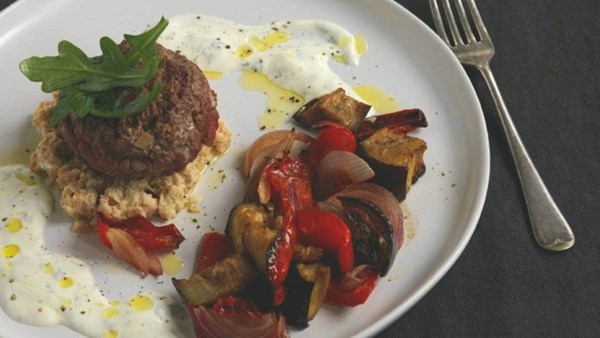 Burgers with roasted eggplant and red capsicum and minted yoghurt