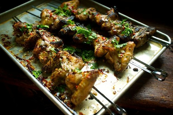 Burmese-style wings with lime, cilantro, and shallot salsa