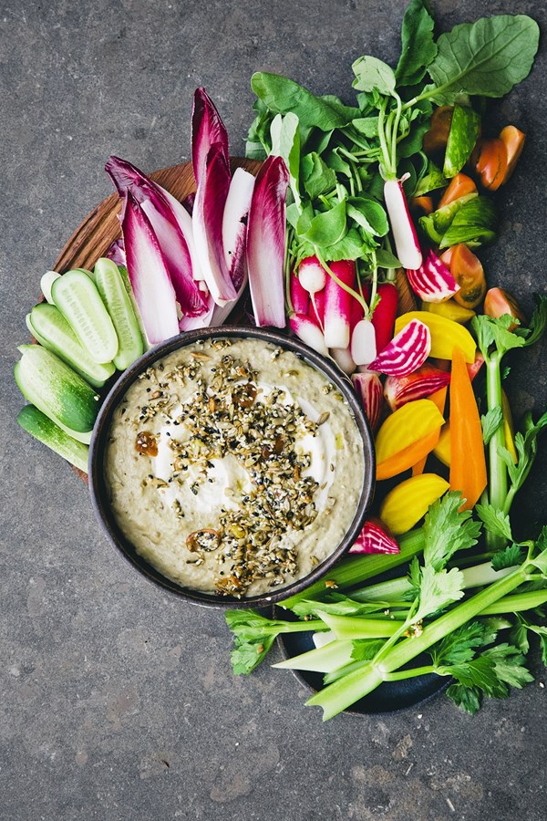 Burnt aubergine dip with aromatic crunch (Baba ganoush)
