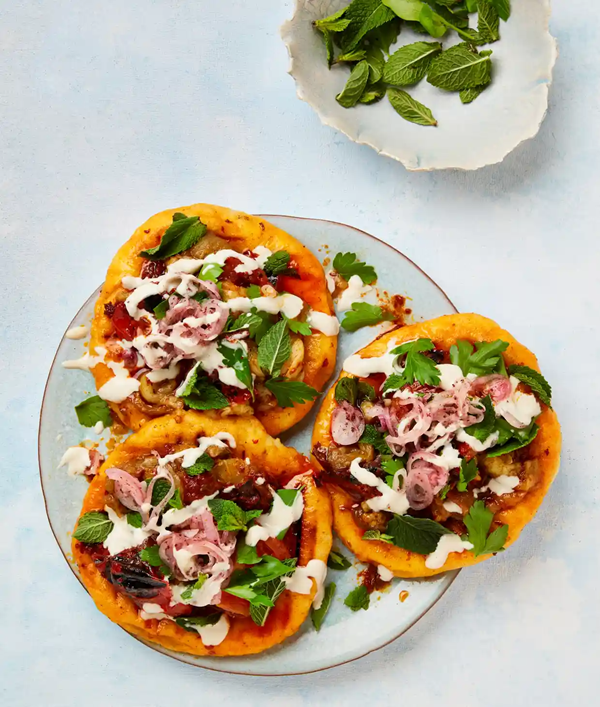Burnt aubergine flatbreads with tahini