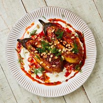 Burnt aubergine with feta and harissa oil