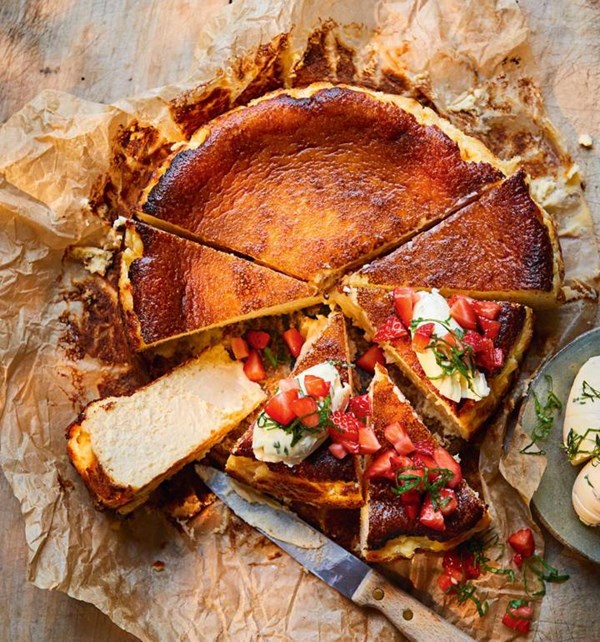 Burnt Basque cheesecake with strawberries and basil cream [Jack Coghill]