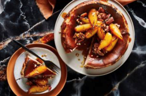 Burnt Basque chestnut cheesecake with caramelised pears and pecans