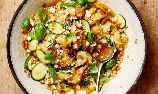 Burnt courgette with anchovies and pine nuts