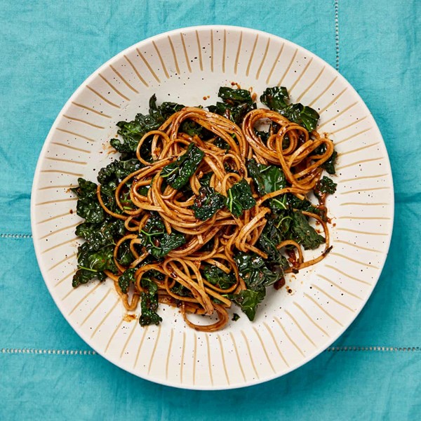 Burnt garlic, black bean and cavalo nero noodles