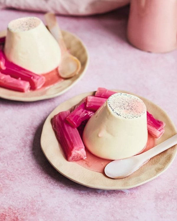 Burnt honey pannacotta with forced rhubarb and chamomile syrup 
