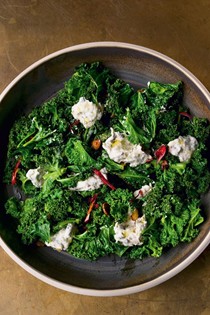 Burnt spring onion dip with curly kale