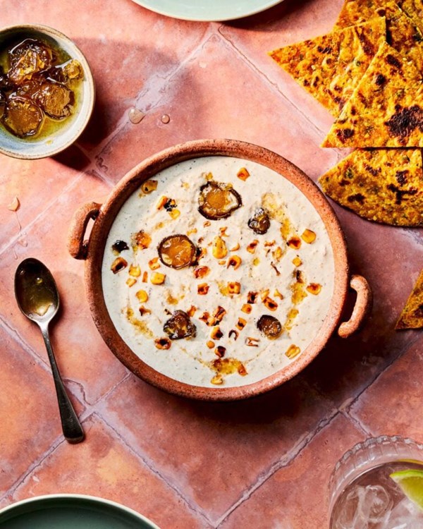 Burnt sweetcorn soured cream dip with candied jalapeños 