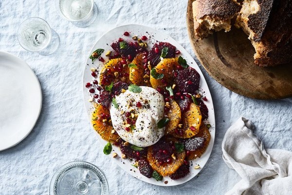 Burrata & burnt oranges with pistachios, mint & pomegranate